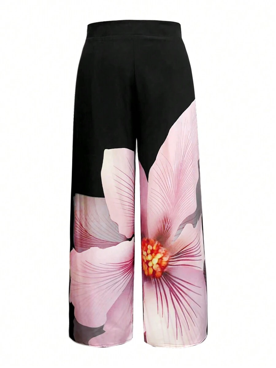 SHEIN Clasi 大码女式数码花卉印花宽松休闲裤 - 黑色 - 查看 1