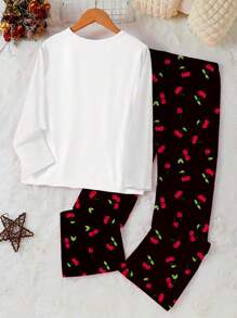 Set da 2 pezzi di abbigliamento casual per ragazze adolescenti, comprendente top bianco con stampa di ciliegie e pantaloni neri con stampa di ciliegie su tutto il capo, set comodo per il tempo libero