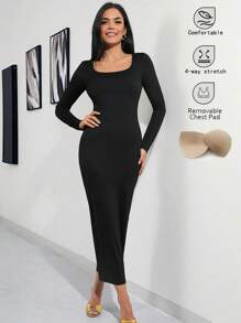 SHEIN Clasi 1pc Women's Square Neck Built-In Bra Bodycon Dress,Winter Women Clothes - Black - View 3