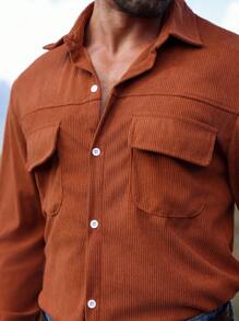 Manfinity Homme Men's Solid Color Front Button Pocket Long Sleeve Shacket