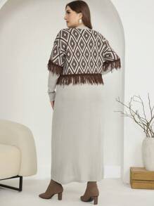 Mulvari Plus Size Women Elegant Geometric Pattern Contrast Fringe Trim Drop Shoulder Loose Sweater Dress, For Winter