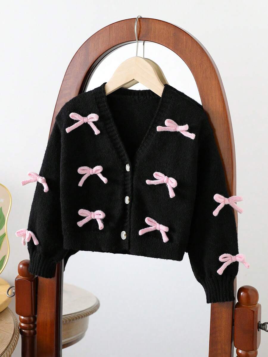 SHEIN 年轻女孩时尚别致可爱手工装饰蝴蝶结针织毛衣外套，适合秋冬季 - 黑色 - 查看 1