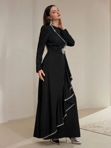 Veilorie Women's Elegant Puff Sleeve Ruffle Trim Dress With Sequins And Beads Decor Modest - Black - View 7