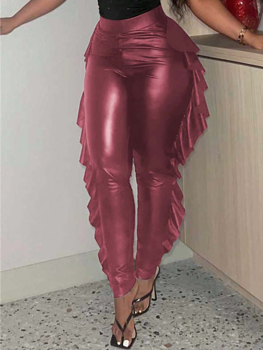 Slaydiva Pantalones plisados con volantes y acabado metálico de unicolor minimalista para mujeres