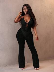 Slaydiva Bộ đồ liền thân ren mỏng hở lưng có thể điều chỉnh gợi cảm & ngọt ngào với ống quần loe - màu đen - Xem 4