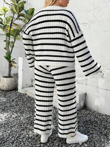 INAWLY 2pcs/Set Plus Size Striped Polo Collar Sweater Top & Pants Casual Knit Suit Fall Cloth For Women - Black and White - View 2