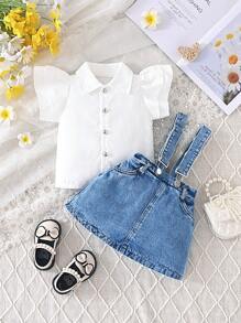 SHEIN Playful Pals 2入組嬰幼女童牛仔褲連身裙和襯衫設計套裝