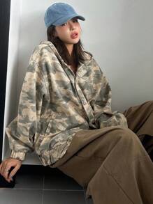 DAZY Women Autumn Drop Shoulder Long Sleeve Single-Breasted Casual Camo Hooded Denim Shirt,Fall Women Clothes Graphic Tee - Multicolor - View 4