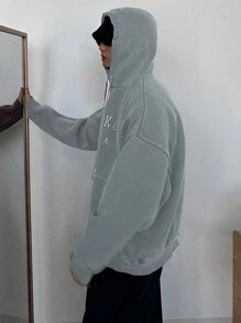 DAZY Men's Casual Letter Embroidered Drawstring Hooded Sweatshirt, Autumn - Green - View 4