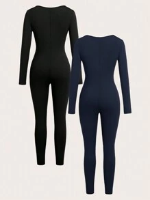 SHEIN SXY Set de 2 piezas Mono ajustado de manga larga cuello redondo de unicolor para mujer para otoño