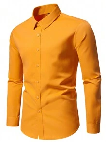 Calvornis Men's Solid Color Button Front Long Sleeve Casual Top, Fall - Yellow - View 5