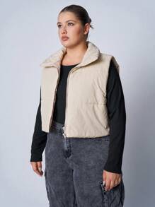 SHEIN EZwear Plus Size Solid Color Zip-Up Sleeveless Casual Outerwear Vest - Beige - View 6