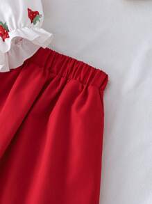 SHEIN 2pcs/Set Little Girls Collared Ruffle Trim Strawberry Print Shirt And Red Pleated Skirt Set, Casual & Fashionable For Holidays, Spring, Autumn, Winter - Multicolor - View 6