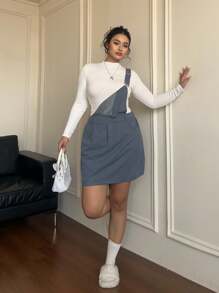 Flirla Fashionable Minimalist Vintage American College Style Adjustable Strap Fitted Dress For Plus Size - Grey - View 3