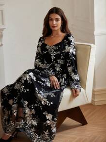 GENKIRA 1 件女士优雅锁孔领闪亮亮片花卉印花腰部收腰派对礼服女士优雅连衣裙 - 黑色 - 查看 7