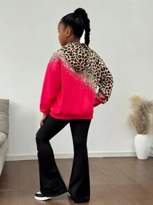 Ensemble sweat-shirt à capuche léopard brillant rose vif et leggings usés, décontractée pour filles pré-adolescentes. Convient pour le port quotidien en automne/hiver