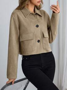 Muchica Casual Plain Woven Turndown Collar Long Sleeve Loose Women Jacket - Khaki - View 5