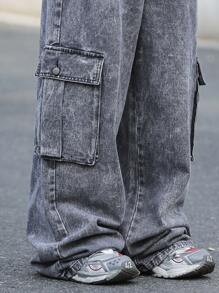 Manfinity EZcore Plus Size Men Casual Washed Jacket And Cargo Jeans 2 Pieces Set - Grey - View 7