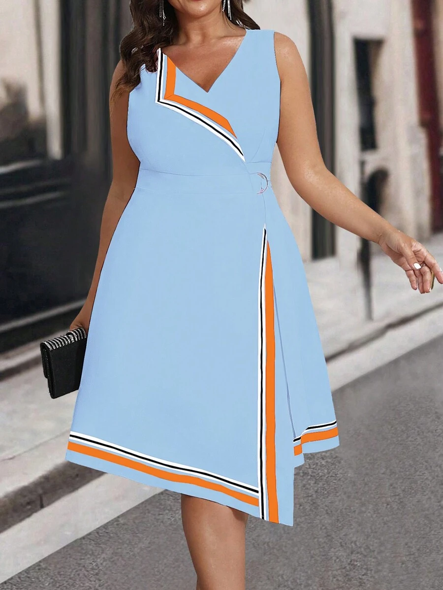 SHEIN Clasi Plus Size Elegant Colorblock Striped Asymmetrical Wrap Dress - Dusty Blue - View 1