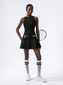 VARSITIE Round Neck, Hollow Back Strap, Pleated Bow Mini Women Dresses - Black - View 4