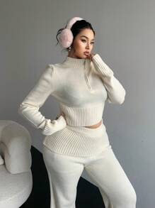 Flirla Ocazional și sexy cu talie înaltă cu fermoar Decor trunchiat pulover cu mânecă lungă pentru femei Set de comanda, modă pentru toamnă/iarnă - Bej - Vizualizare 8