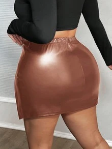 Slaydiva 女式加大码性感派对针织 PU 皮革裙子，带松紧腰