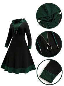 SHEIN LUNE Plus Size Solid Color Patchwork Front Zipper Long Sleeve Simple Hooded Casual Dress