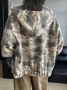 DAZY Women Autumn Drop Shoulder Long Sleeve Single-Breasted Casual Camo Hooded Denim Shirt,Fall Women Clothes Graphic Tee - Multicolor - View 5