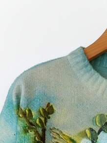 Plus Size Women Digital Floral Print Fashionable Casual Crew Neck Pullover Sweater, Autumn/Winter Knit Pullover Fall Outfit