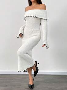 Chiquease Asymmetrical Ruffle Cuff Winter Women Long Off Shoulder Textured Casual Black Trim Knit Dress Fall Cloth For Women