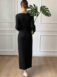 DAZY 蝴蝶图案针织长袖修身毛衣裙，女式秋季服装 - 黑色 - 查看 2