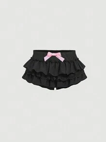 SHEIN MOD Women's Black Ruffle Hem Bow Decor Skort,Bloomer Shorts,Black Ruffle Shorts - Black - View 1
