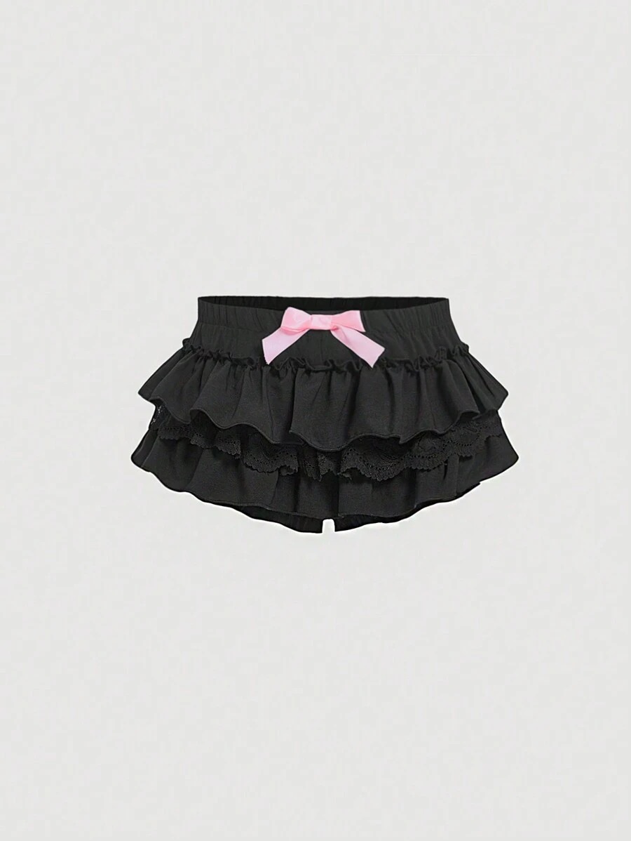 SHEIN MOD Women's Black Ruffle Hem Bow Decor Skort,Bloomer Shorts,Black Ruffle Shorts - Black - View 1