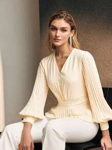 MOTF Soiréza SOLID V-NECK LANTERN SLEEVE PLEATED PEPLUM TOP - Apricot - View 7