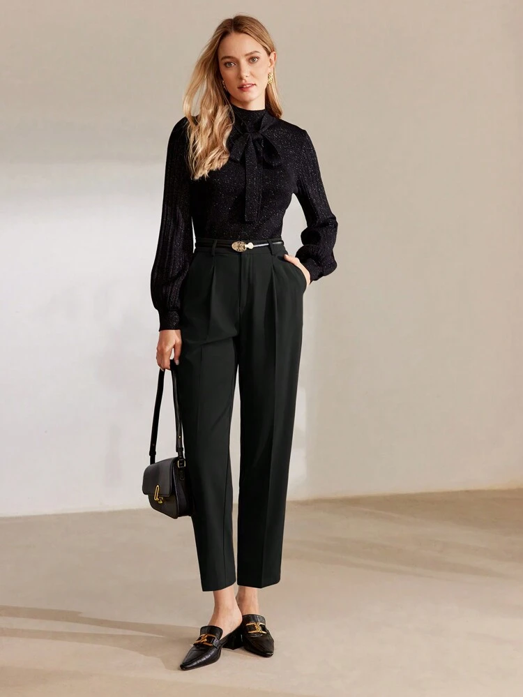 SOLID SLANT POCKET SEAM FRONT TAPERED PANTS WITHOUT BELT