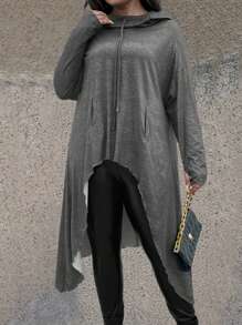 SHEIN LUNE Plus rozmiar Jednolita kolorowa bluza ze sznurkiem i kieszeniami, codzienne noszenie - Ciemnoszary - Zobacz 4