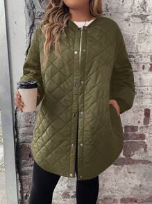 SHEIN CURVE+ Curve Plus 斜口袋棒球领弧形下摆绗缝外套，冬季 - 軍綠色 - 查看 5
