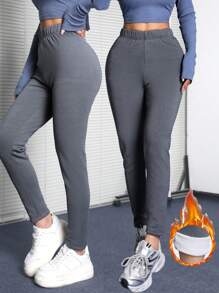 SHEIN EZwear Women's Fall And Winter Sportswear Casual Essentials Knit  Stretchy With Fleece Velvet  Thermal Comfy Athletic Jog Grey  Fitted  Leggings - Black - View 1