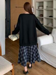 DAZY Piżama z grafiką w kratę i patchworkiem, luźna, na jesień i zimę - Czarne - Zobacz 2