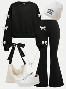 Girlism Teen Girl 2pcs/Set Black, Sweet Knitted Solid Color Knitted Sweatshirt, Bow Decoration, Loose Casual Round Neck Pull Over Bell And Bottoms
