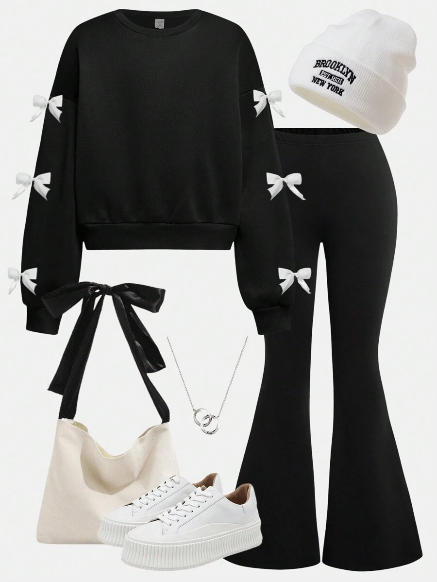 Girlism Teen Girl 2pcs/Set Black, Sweet Knitted Solid Color Knitted Sweatshirt, Bow Decoration, Loose Casual Round Neck Pull Over Bell And Bottoms