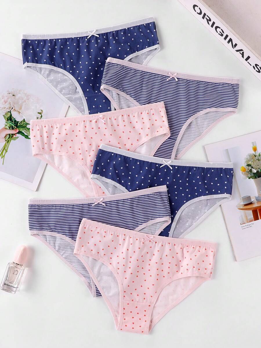SHEIN 6pcs/Set Teen Girls Striped & Heart Print Full Coverage Cotton Panties, Combination Of Purple & Navy - Multicolor - View 1