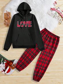 Manfinity VCAY 2pcs Set Unisex Knit Applique Graphic Loose Drop Shoulder Hoodie Sweatshirt And High Waist Drawstring Pants Outfit