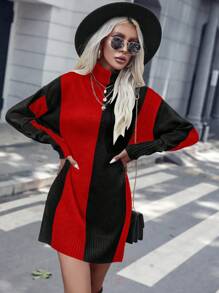 SHEIN Clasi 休闲拼色高领毛衣连衣裙秋冬季新年衣服 - 紅色 - 查看 3