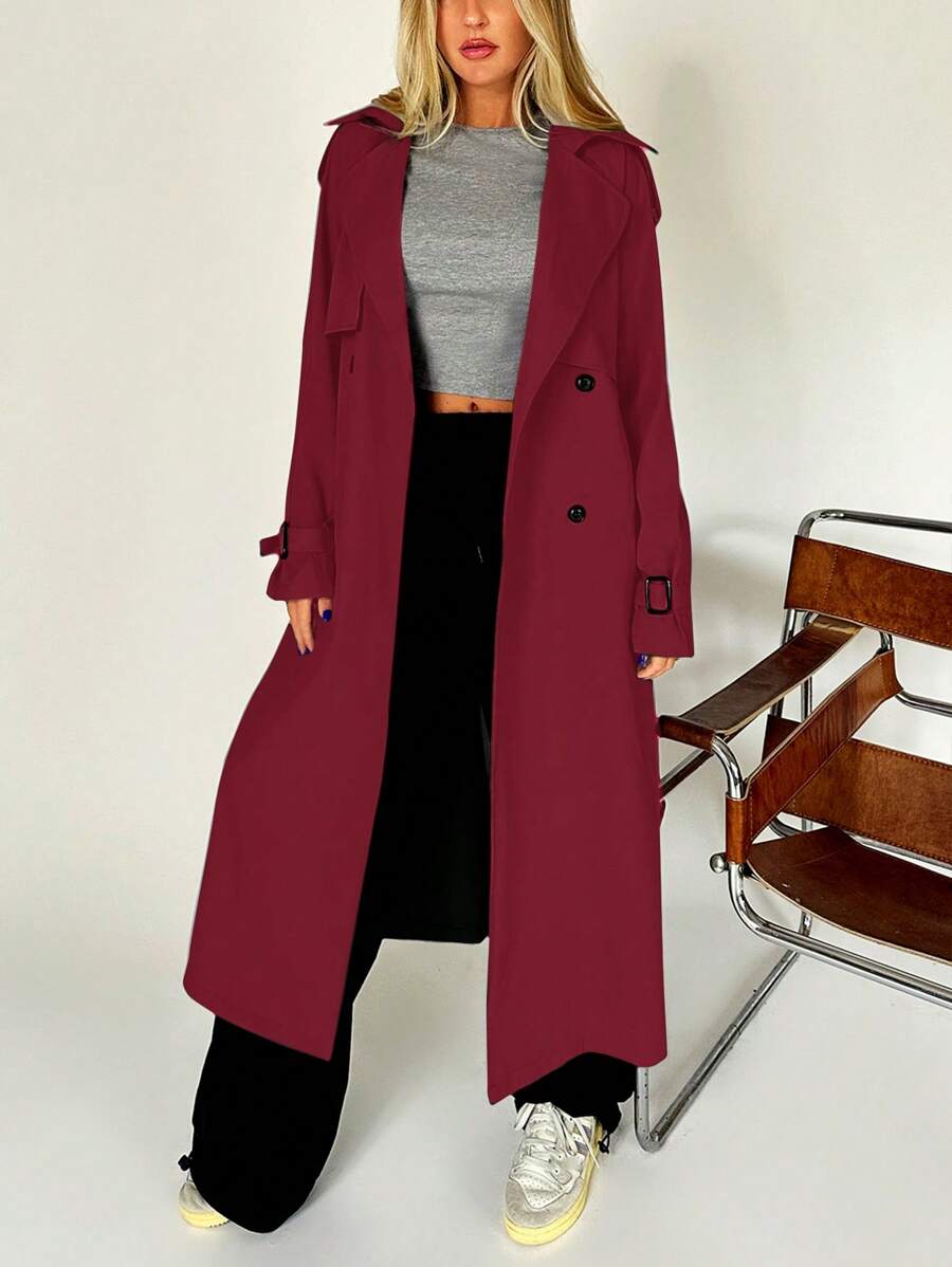 Muchica Áo khoác trench coat hai hàng khuy đơn sắc thường ngày dành cho nữ - Màu Đỏ Sâu - Xem 1