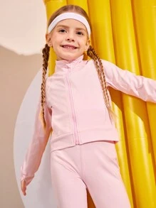 SHEIN 2 件套年轻女孩运动装，包括弹力拉链夹克和高腰喇叭裤瑜伽/网球/羽毛球运动裤，适合户外活动和日常锻炼 - 粉色 - 查看 4