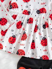 SHEIN 2 件婴幼儿休闲可爱瓢虫印花荷叶边圆领长袖上衣和裤子套装，适合春秋季节 - 彩色 - 查看 6