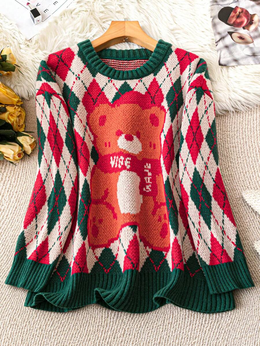 Flirla 加大码圣诞菱格纹毛衣，复古小熊图案，针织套头衫，秋冬款 - 彩色 - 查看 1