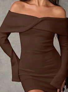 SHEIN BAE Women's Elegant Solid Color Twist Off-Shoulder Bodycon Mini Sweater Dress, Autumn/Winter - Coffee Brown - View 5