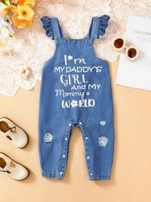 Baby Girls Casual Letter Print Washed Blue Denim Jumpsuit With Frayed Shoulder Straps, All-Match Style, Autumn/Winter 2024 New Arrival - Blue - View 1